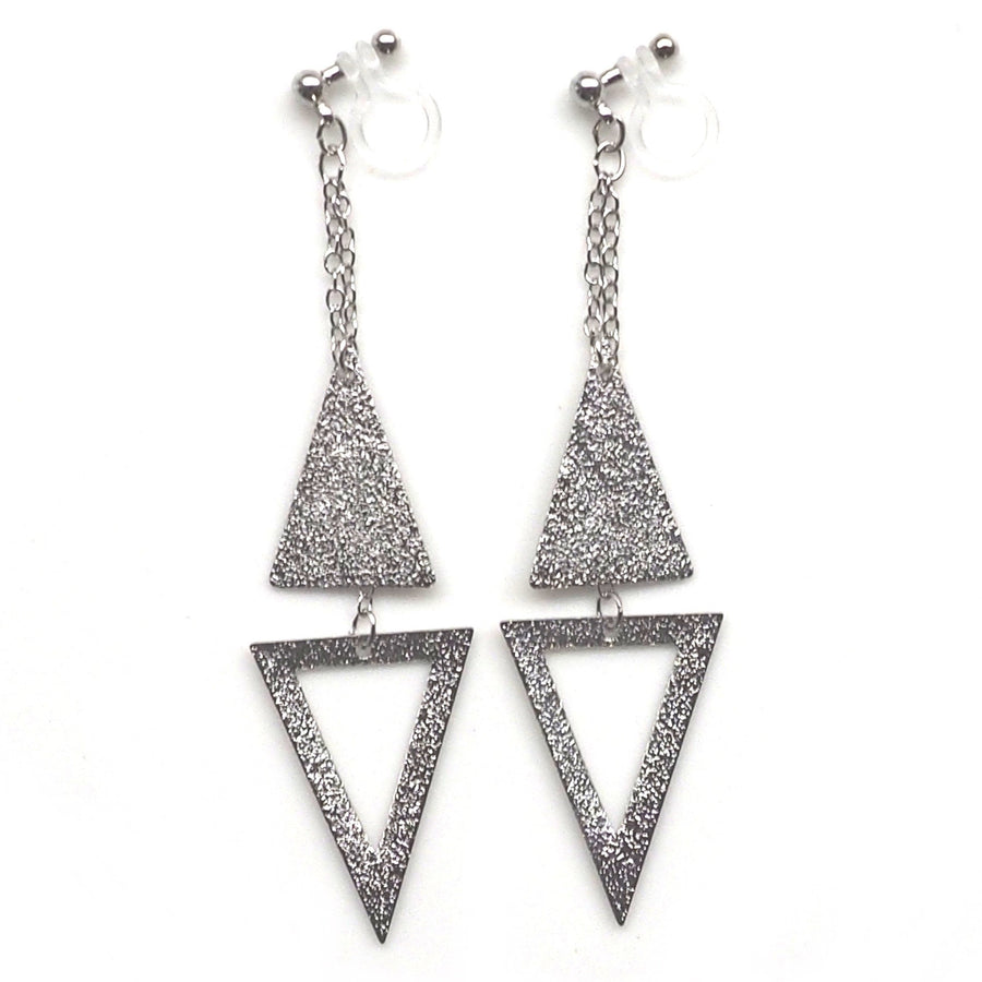 Metallic silver double triangle invisible clip on earrings - miyabigracejewelry.com