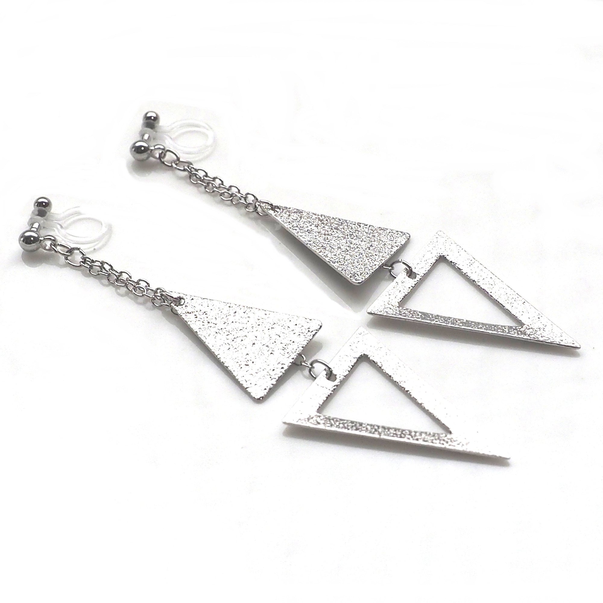 Metallic silver double triangle invisible clip on earrings - miyabigracejewelry.com
