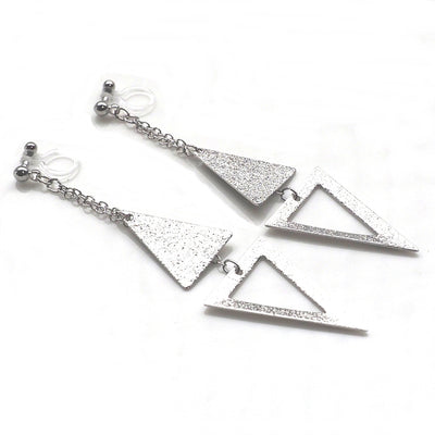 Metallic silver double triangle invisible clip on earrings - miyabigracejewelry.com