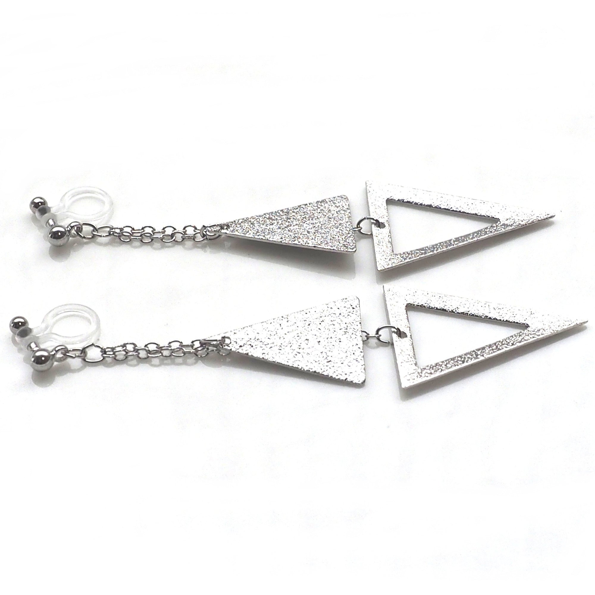 Metallic silver double triangle invisible clip on earrings - miyabigracejewelry.com