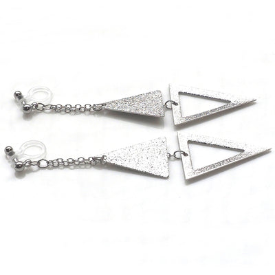 Metallic silver double triangle invisible clip on earrings - miyabigracejewelry.com