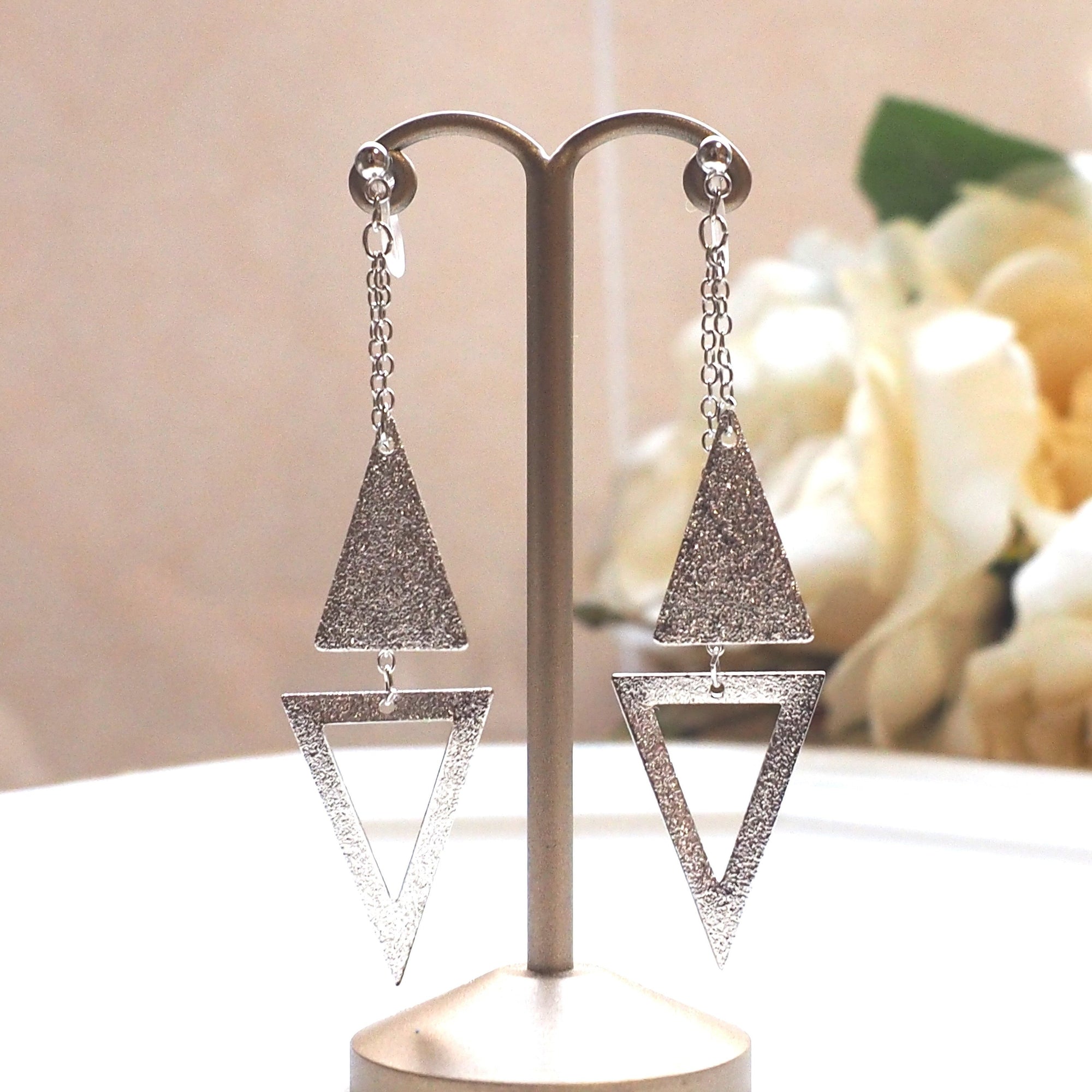 Metallic silver double triangle invisible clip on earrings - miyabigracejewelry.com