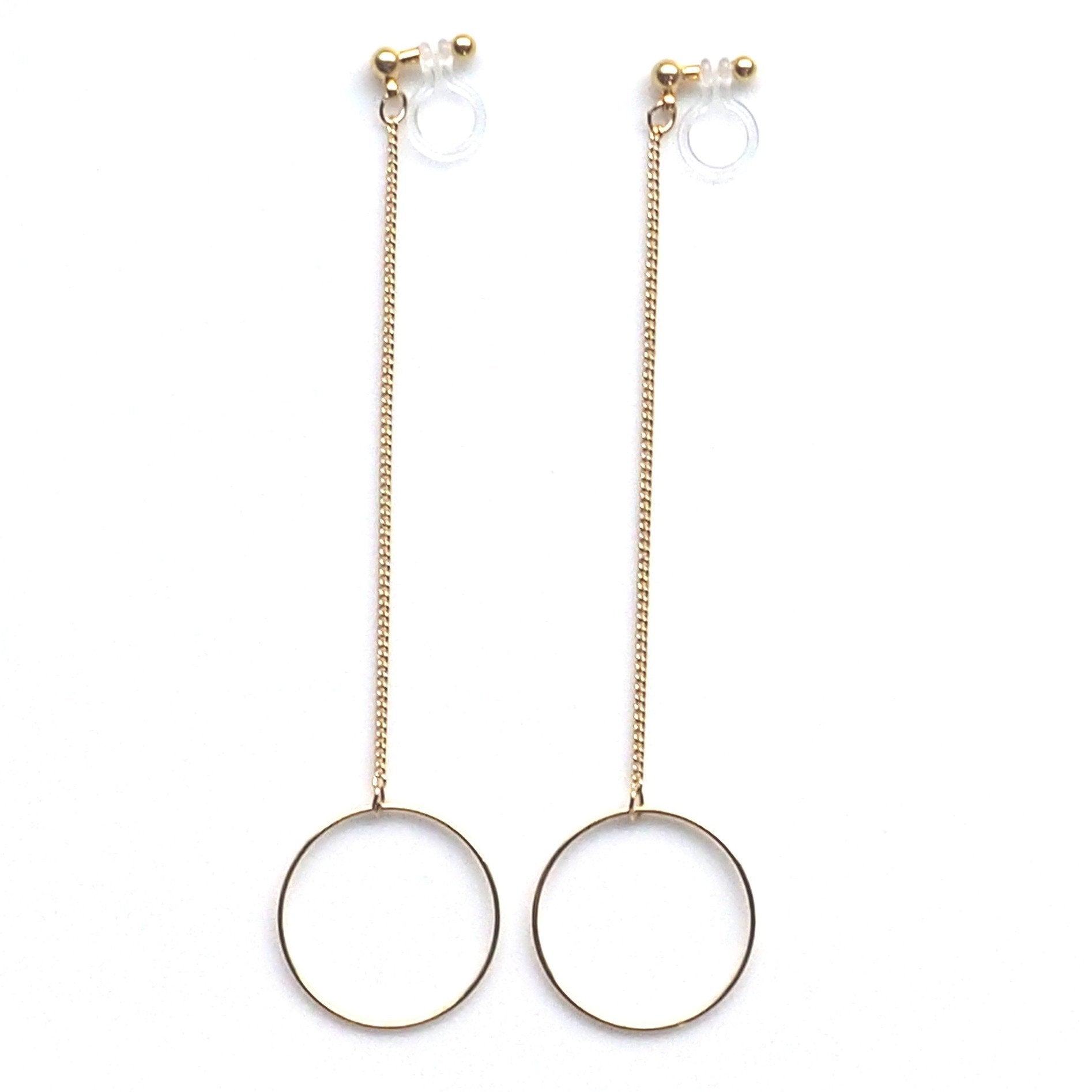 Dangle long gold hoop invisible clip on earrings - miyabigracejewelry.com