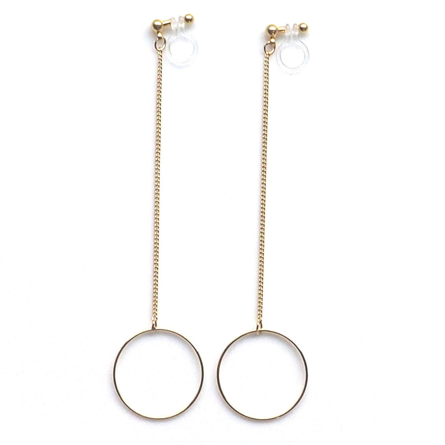 Dangle long gold hoop invisible clip on earrings - miyabigracejewelry.com
