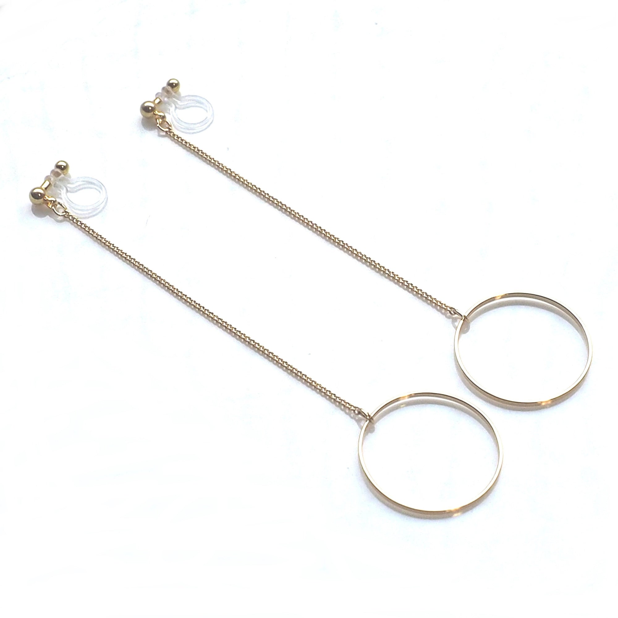 Dangle long gold hoop invisible clip on earrings - miyabigracejewelry.com