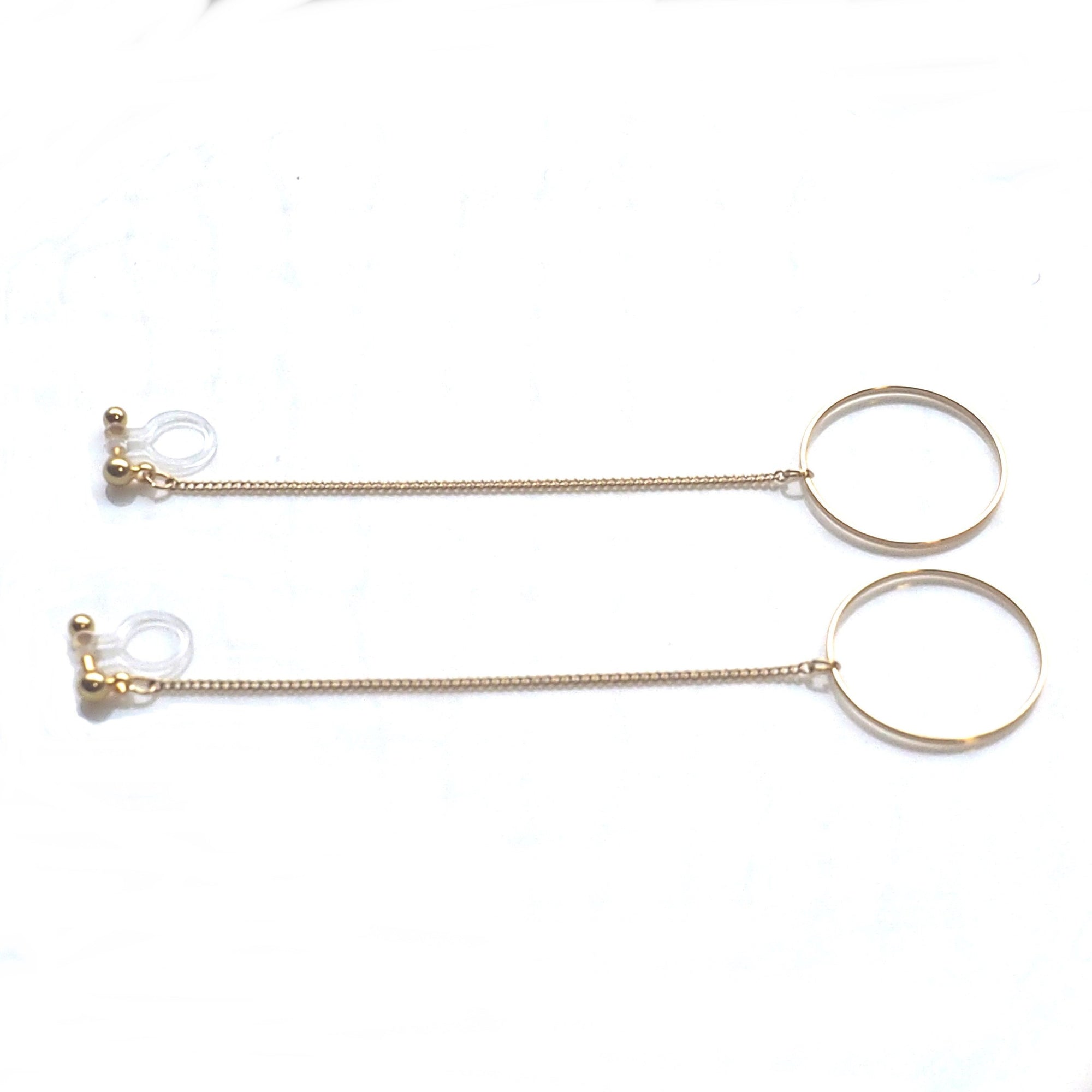 Dangle long gold hoop invisible clip on earrings - miyabigracejewelry.com