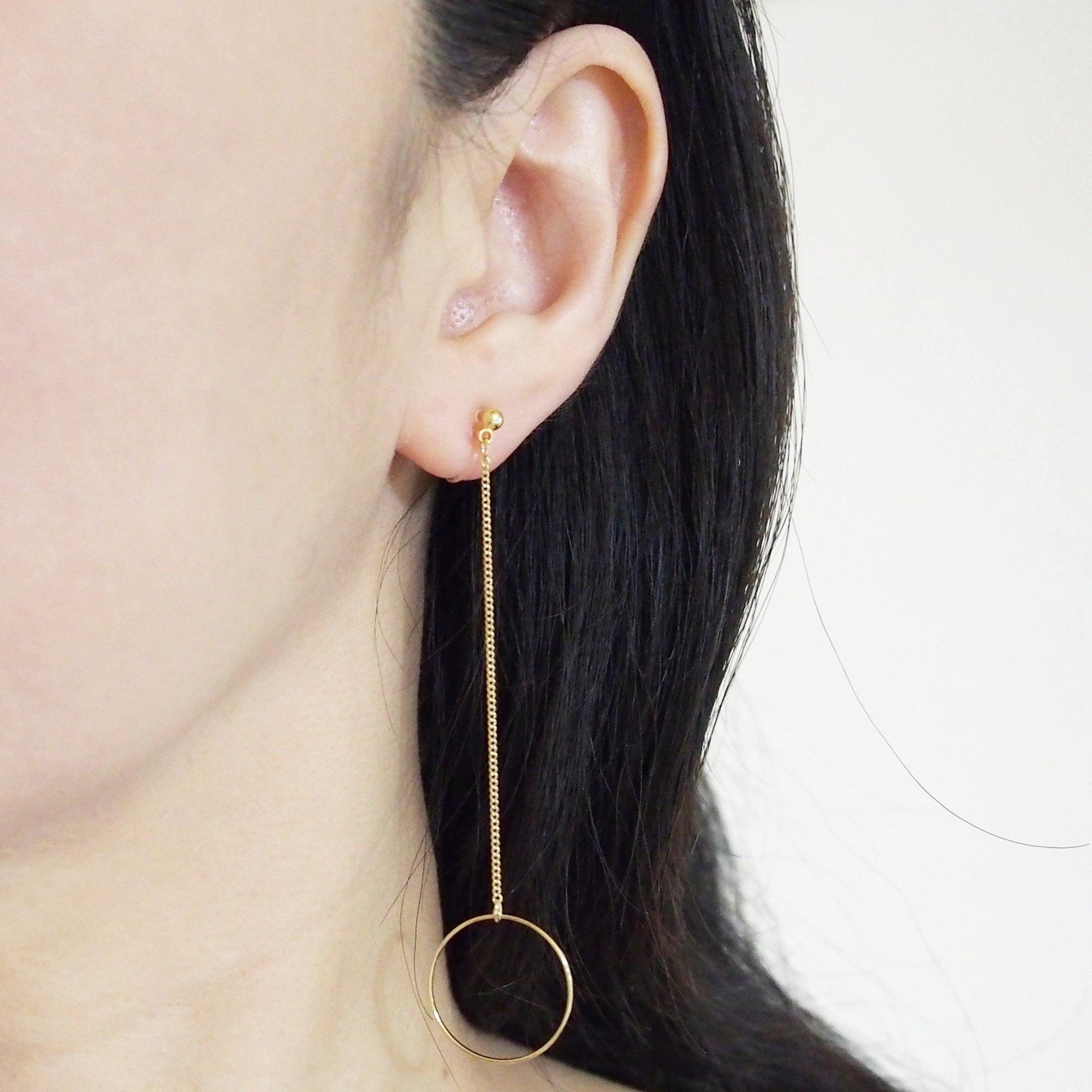 Dangle long gold hoop invisible clip on earrings - miyabigracejewelry.com