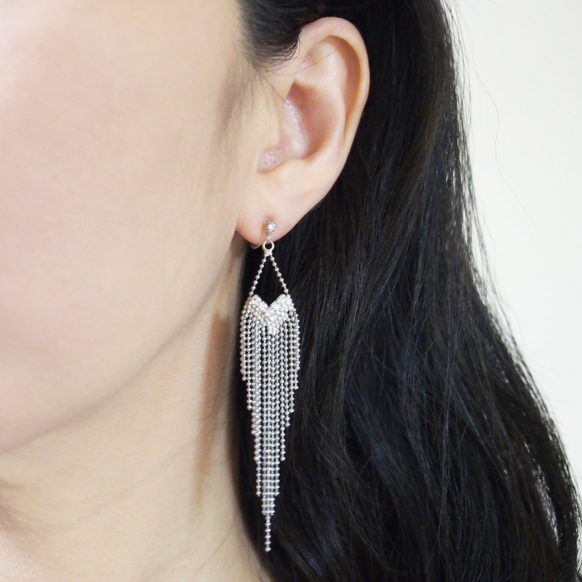 Dangle rhinestone and silver ball chain invisible clip on earrings - Miyabi Grace