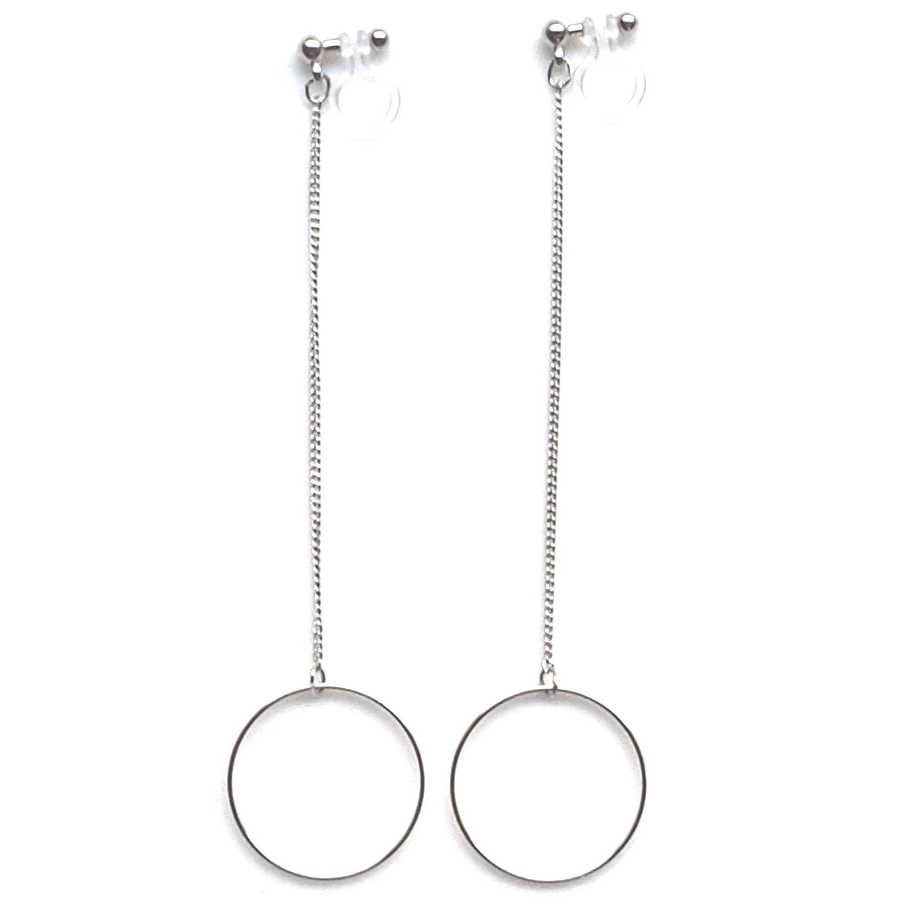 Dangle long silver hoop invisible clip on earrings - Miyabi Grace