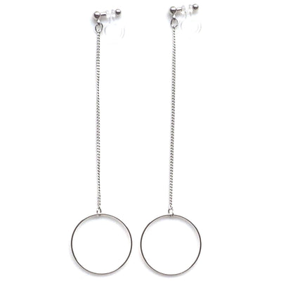 Dangle long silver hoop invisible clip on earrings - Miyabi Grace