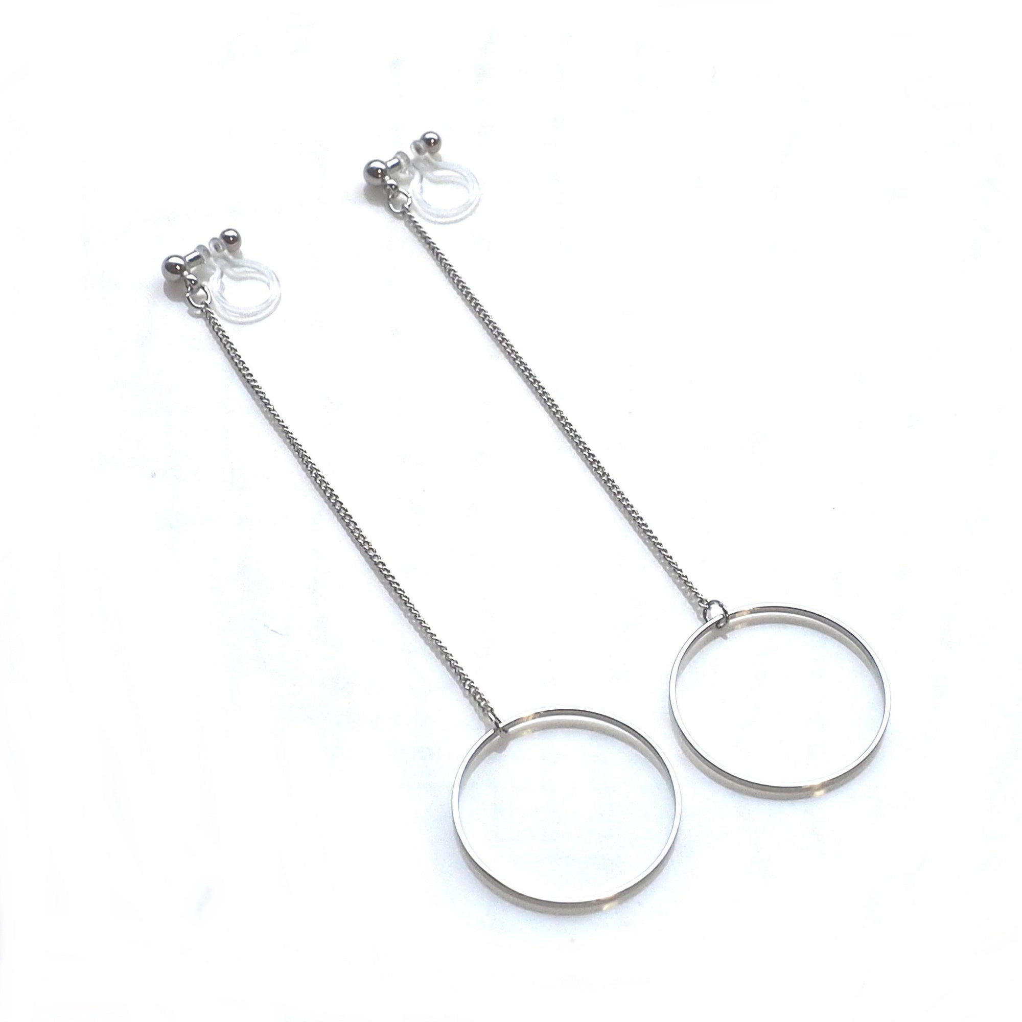Dangle long silver hoop invisible clip on earrings - Miyabi Grace