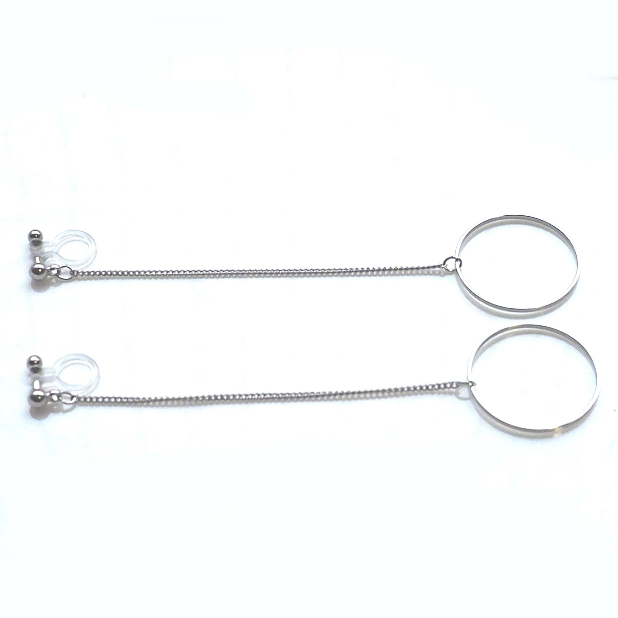 Dangle long silver hoop invisible clip on earrings - Miyabi Grace
