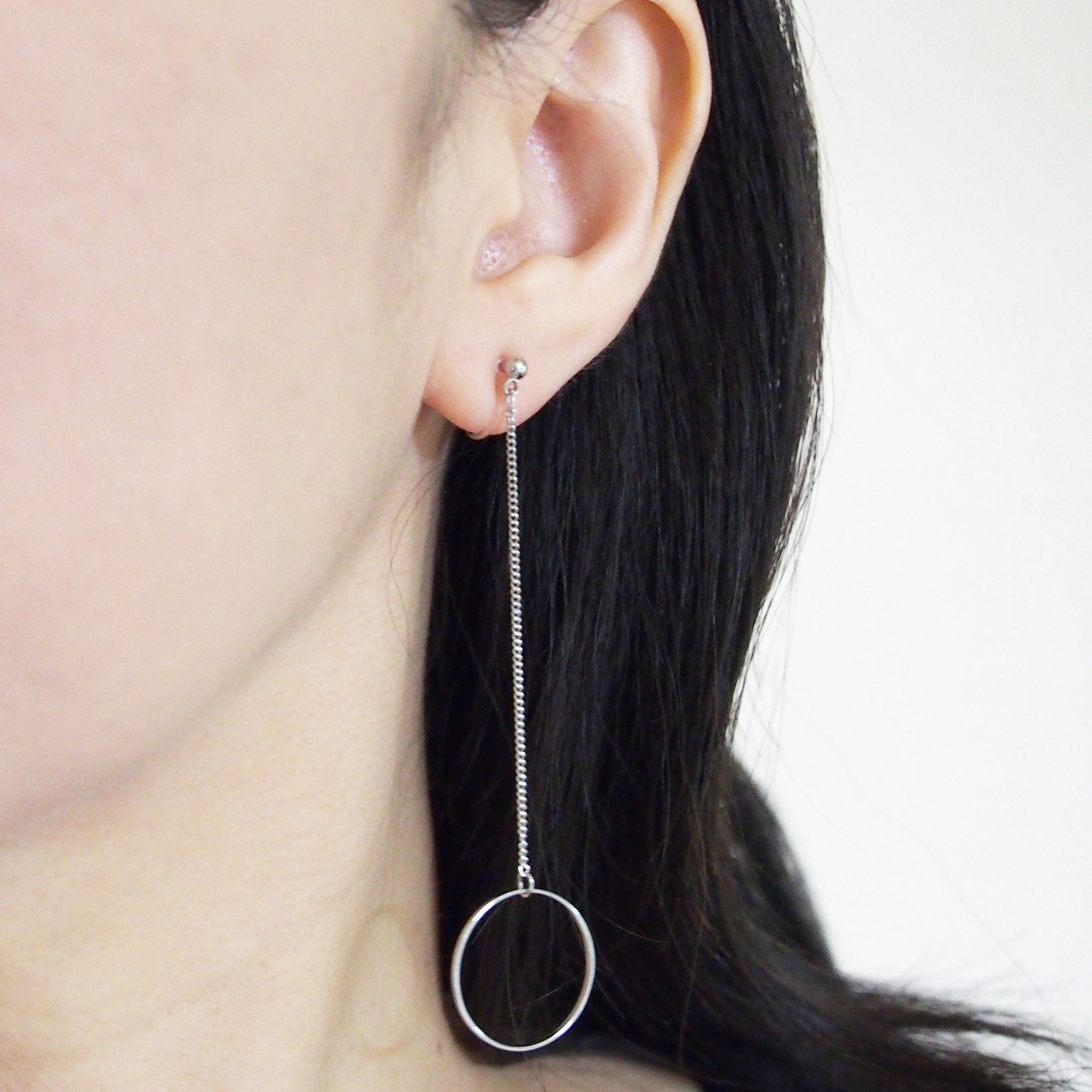 Dangle long silver hoop invisible clip on earrings - Miyabi Grace