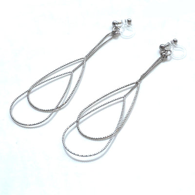 Dangle silver double pear hoop invisible clip on earrings - miyabigracejewelry.com