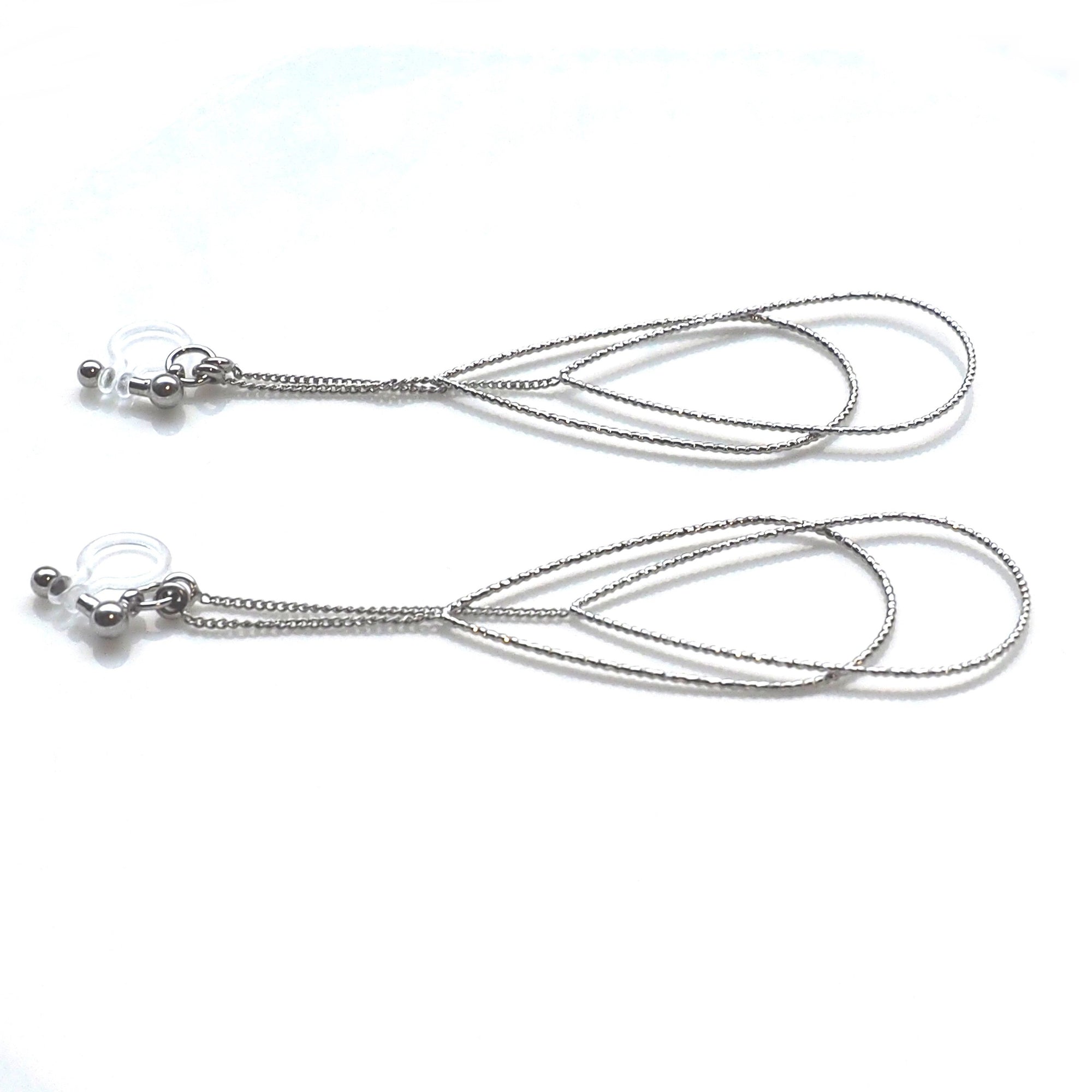 Dangle silver double pear hoop invisible clip on earrings - miyabigracejewelry.com