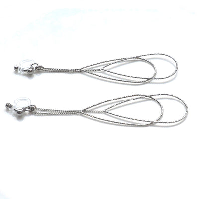 Dangle silver double pear hoop invisible clip on earrings - miyabigracejewelry.com