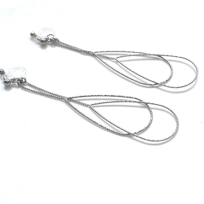 Dangle silver double pear hoop invisible clip on earrings - miyabigracejewelry.com