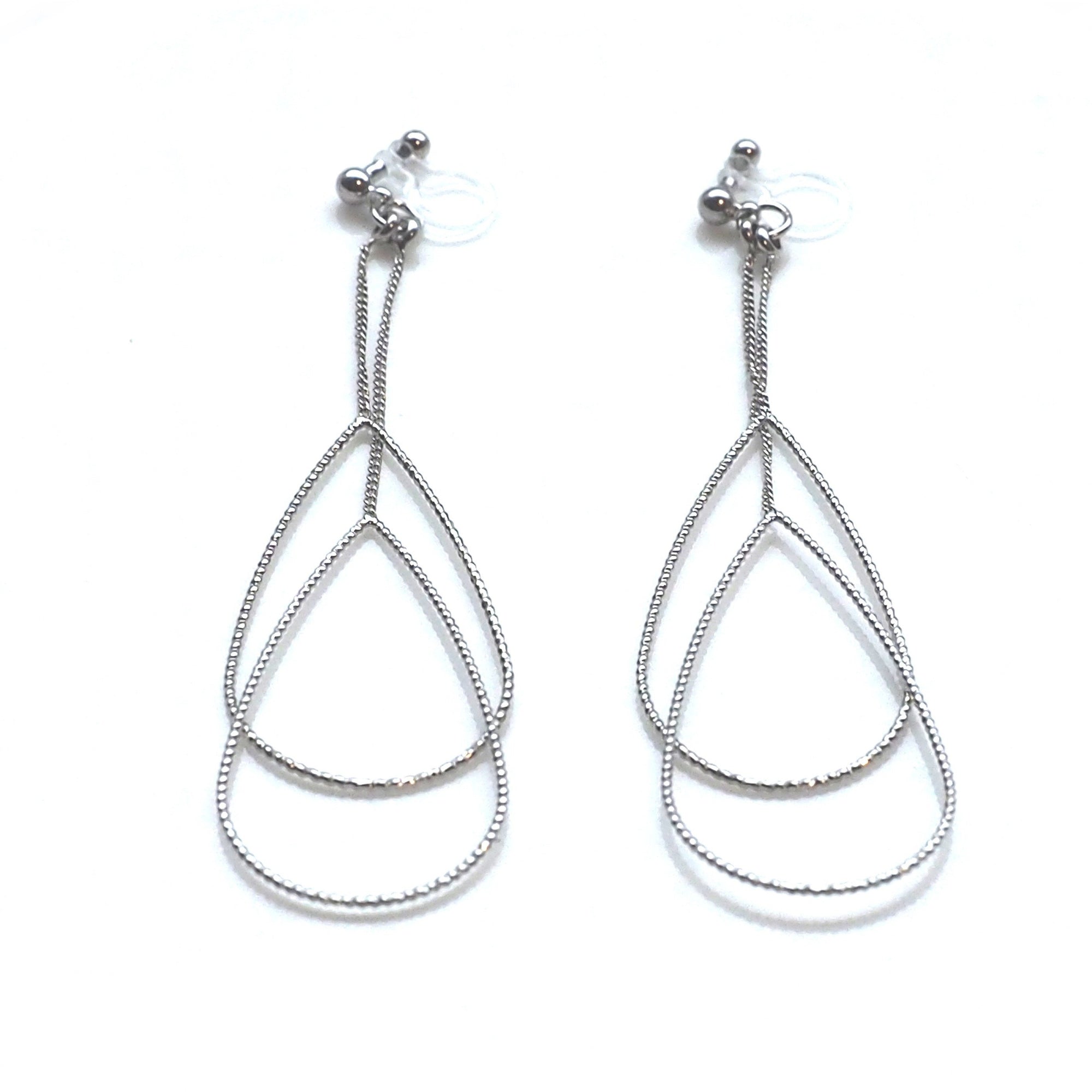 Dangle silver double pear hoop invisible clip on earrings - miyabigracejewelry.com