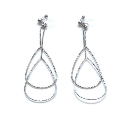 Dangle silver double pear hoop invisible clip on earrings - miyabigracejewelry.com