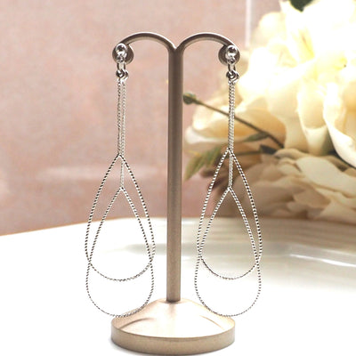 Dangle silver double pear hoop invisible clip on earrings - miyabigracejewelry.com