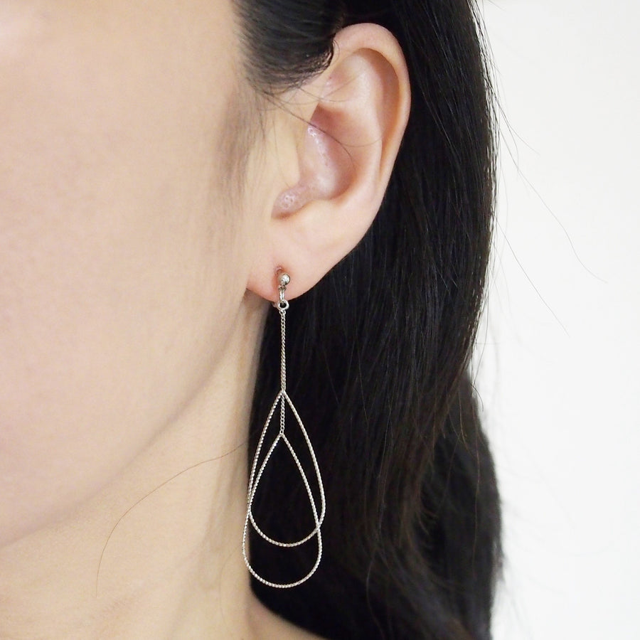 Dangle silver double pear hoop invisible clip on earrings - miyabigracejewelry.com