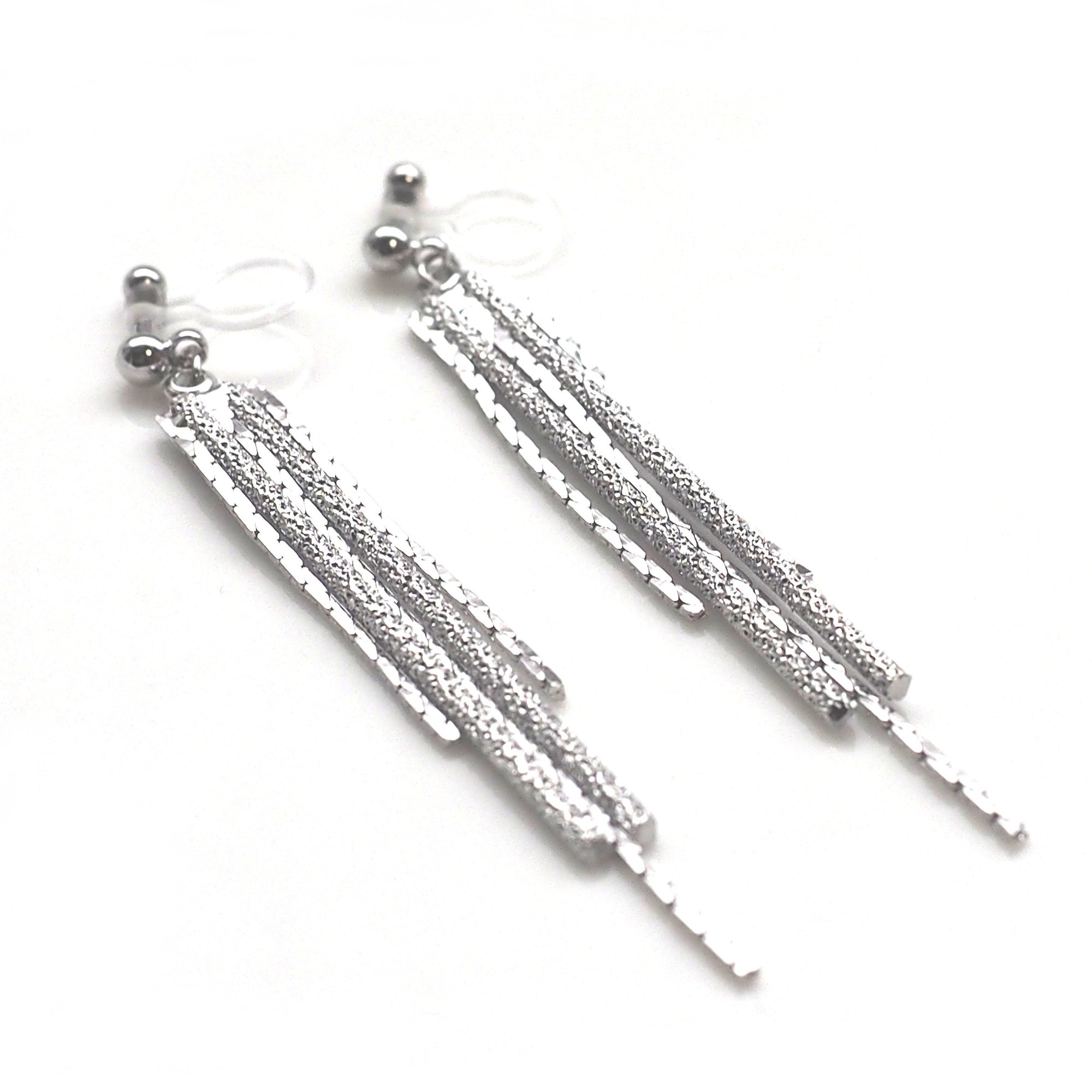 Long silver metallic chain invisible clip on earrings - miyabigracejewelry.com