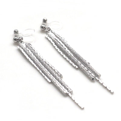 Long silver metallic chain invisible clip on earrings - miyabigracejewelry.com