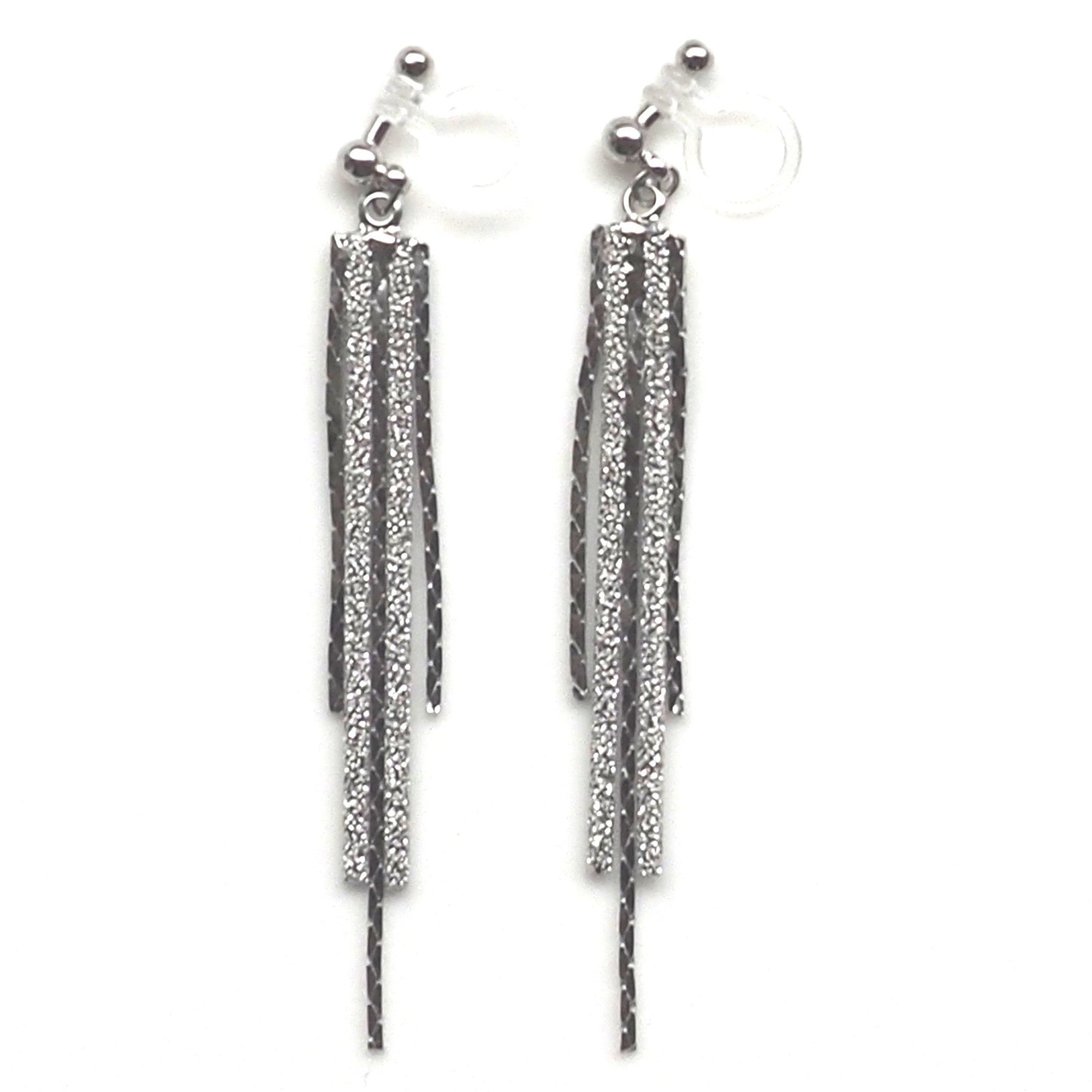Long silver metallic chain invisible clip on earrings - miyabigracejewelry.com