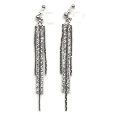 Long silver metallic chain invisible clip on earrings - miyabigracejewelry.com