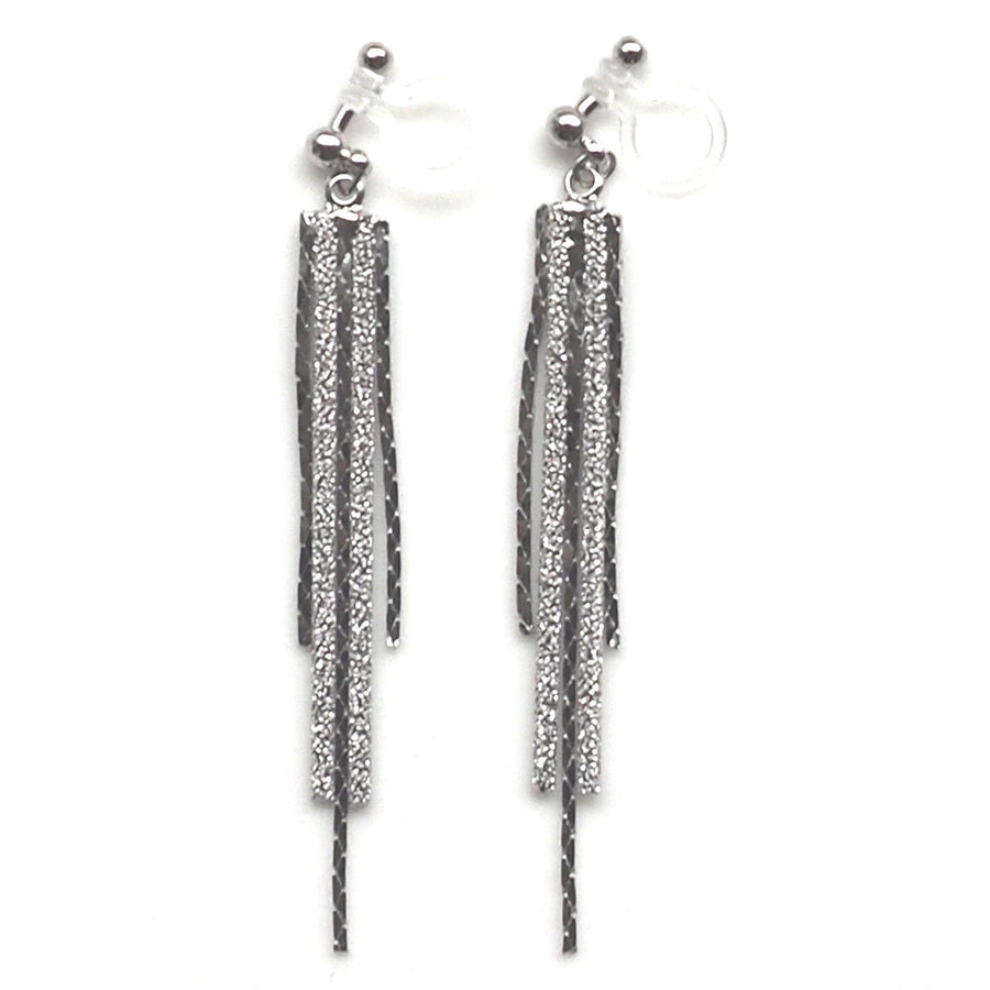 Long silver metallic chain invisible clip on earrings - miyabigracejewelry.com