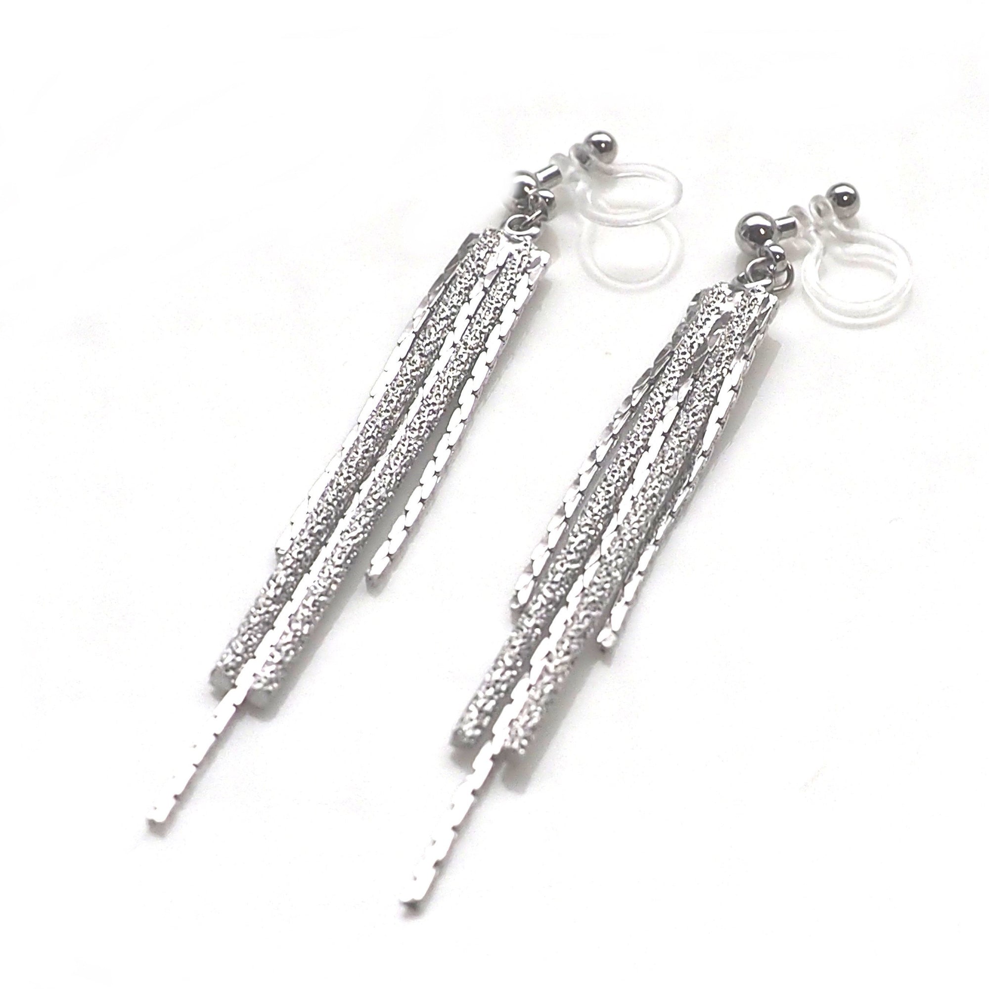 Long silver metallic chain invisible clip on earrings - miyabigracejewelry.com