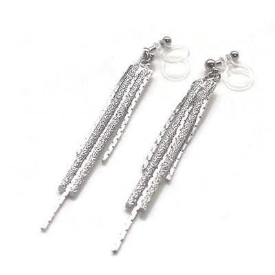Long silver metallic chain invisible clip on earrings - miyabigracejewelry.com