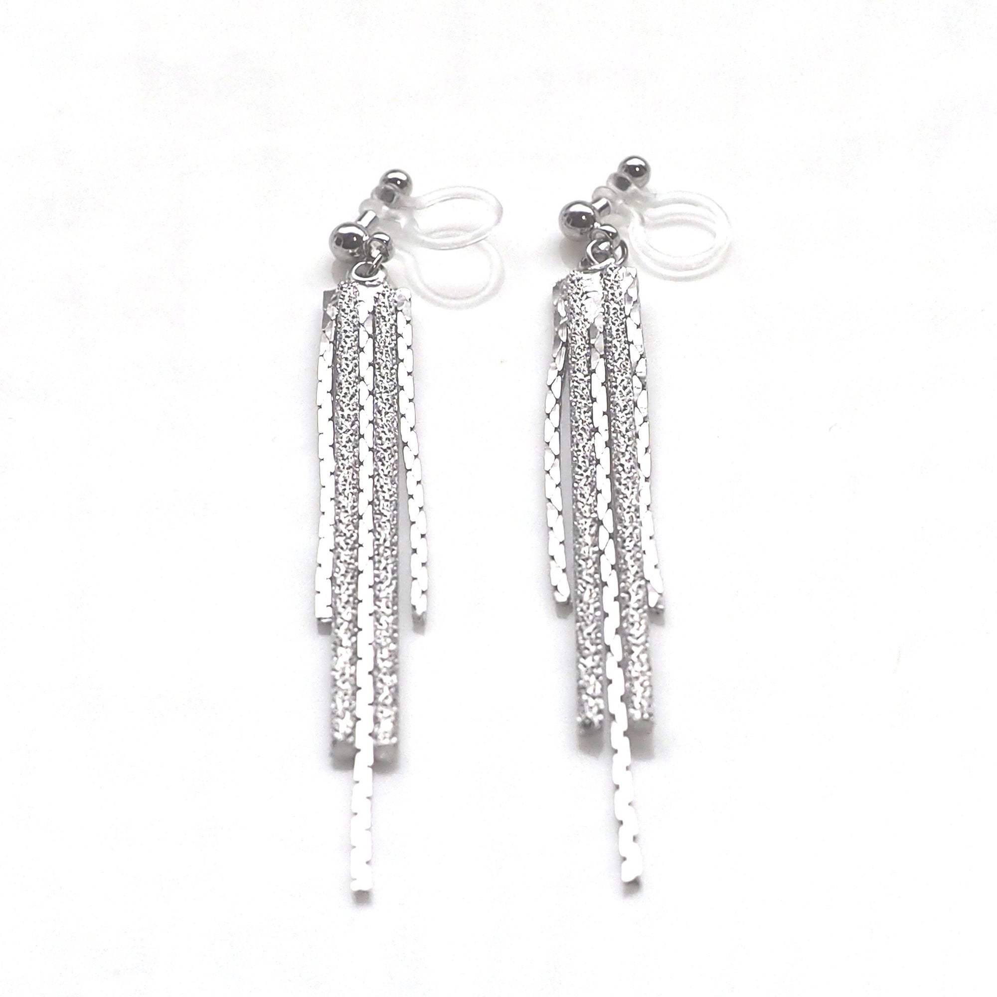 Long silver metallic chain invisible clip on earrings - miyabigracejewelry.com