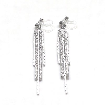 Long silver metallic chain invisible clip on earrings - miyabigracejewelry.com
