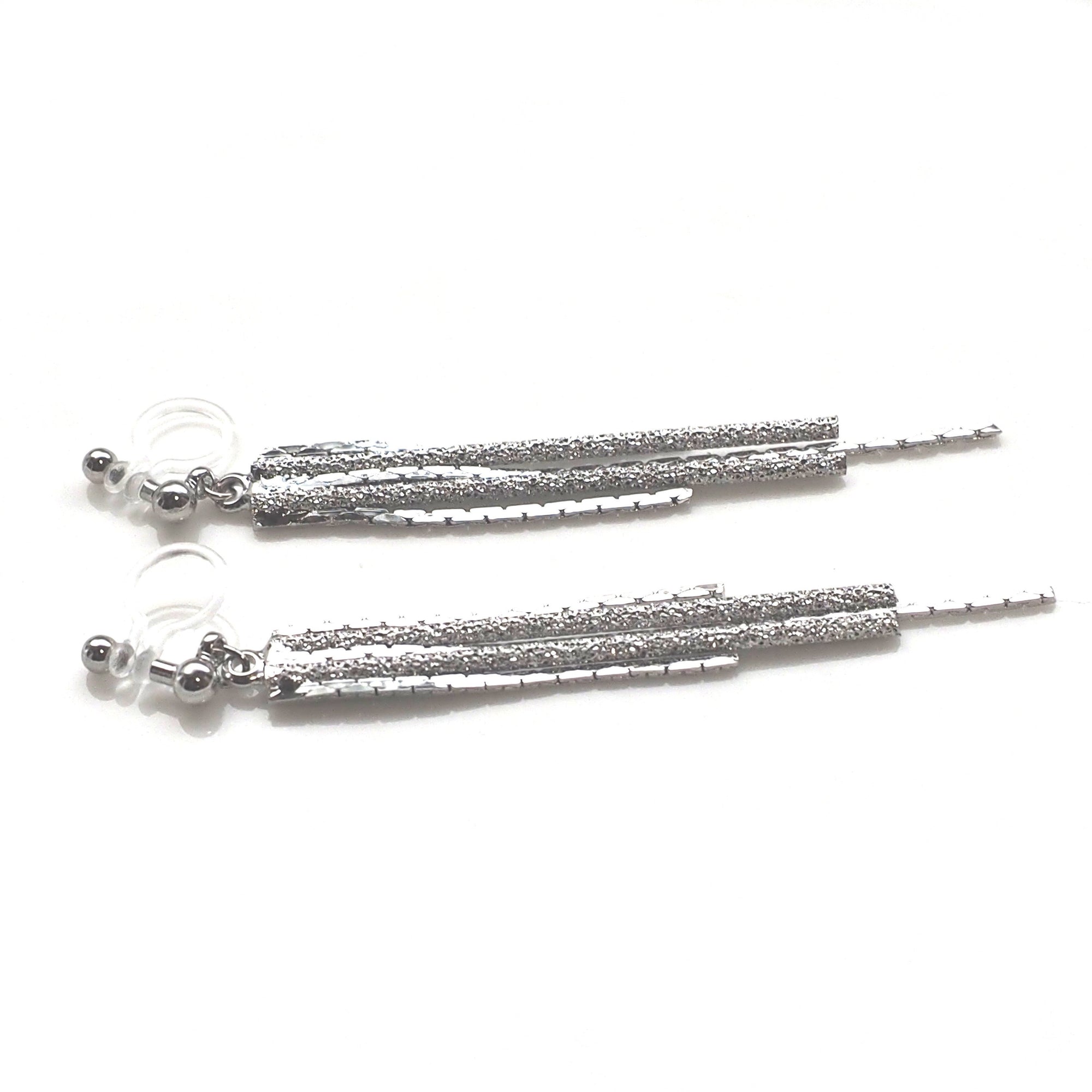 Long silver metallic chain invisible clip on earrings - miyabigracejewelry.com