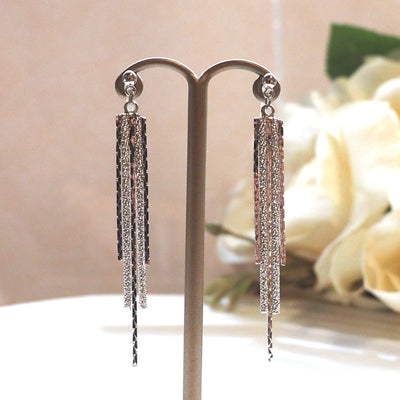 Long silver metallic chain invisible clip on earrings - miyabigracejewelry.com