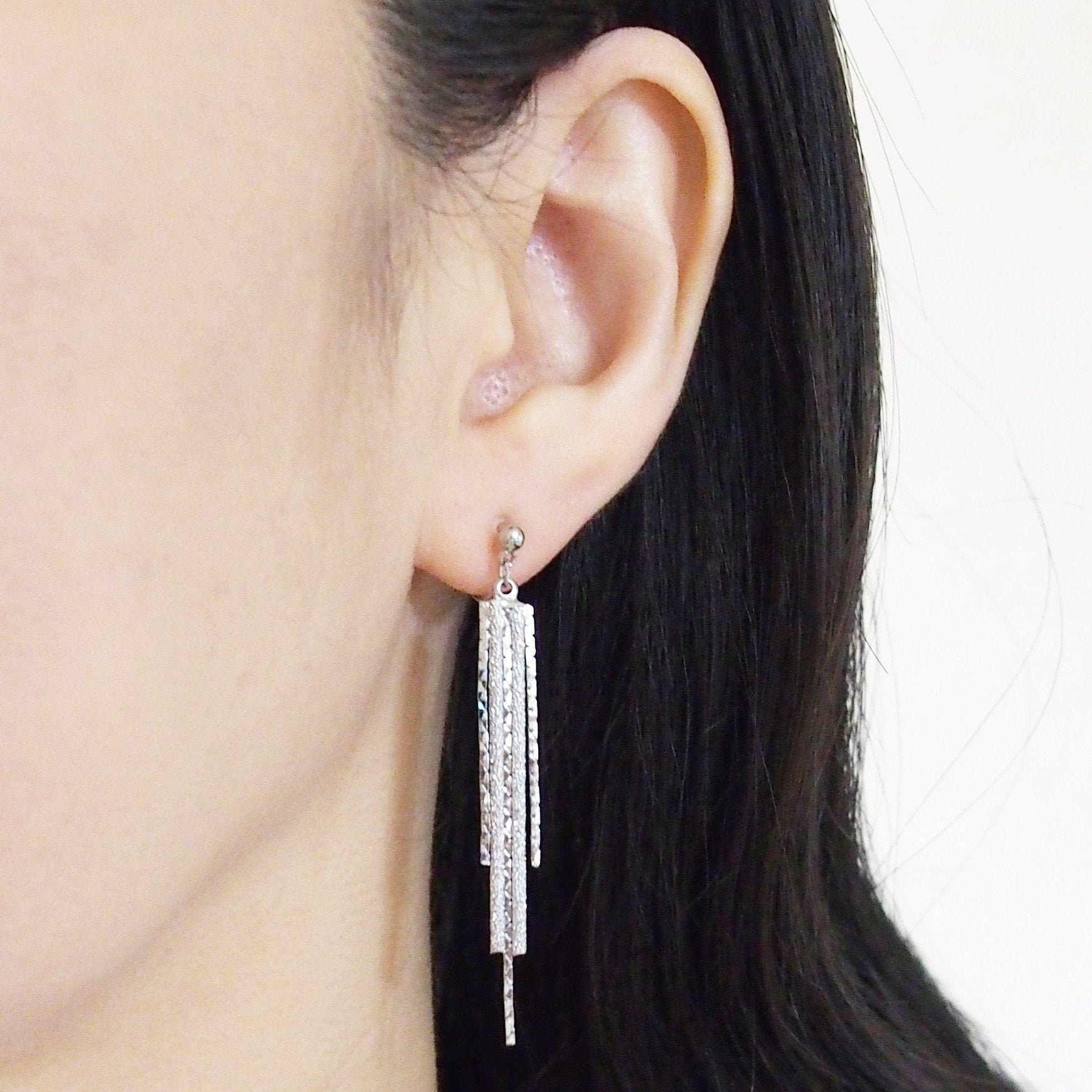 Long silver metallic chain invisible clip on earrings - miyabigracejewelry.com