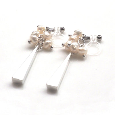 Freshwater and silver triangle bar invisible clip on earrings - miyabigracejewelry.com