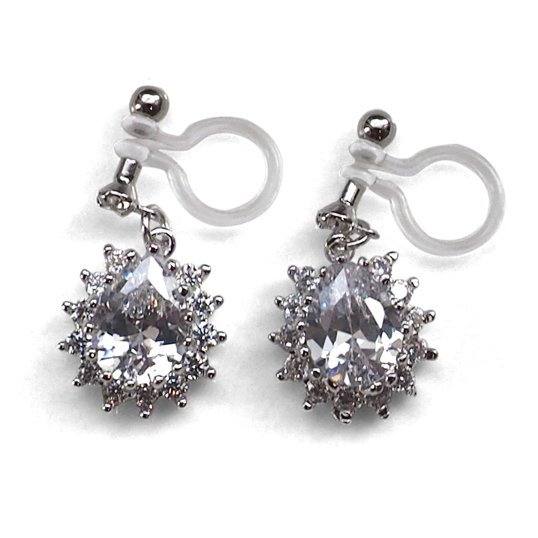 Bridal teardrop cubic zirconia invisible clip on earrings (silver tone) - miyabigracejewelry.com