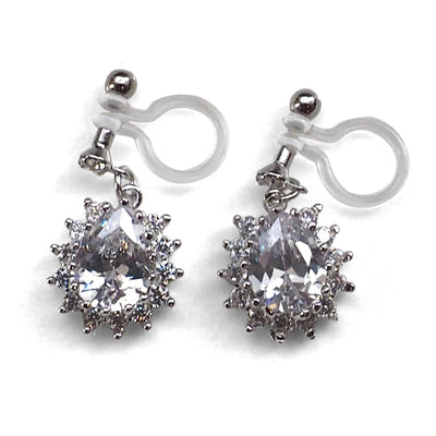 Bridal teardrop cubic zirconia invisible clip on earrings (silver tone) - miyabigracejewelry.com