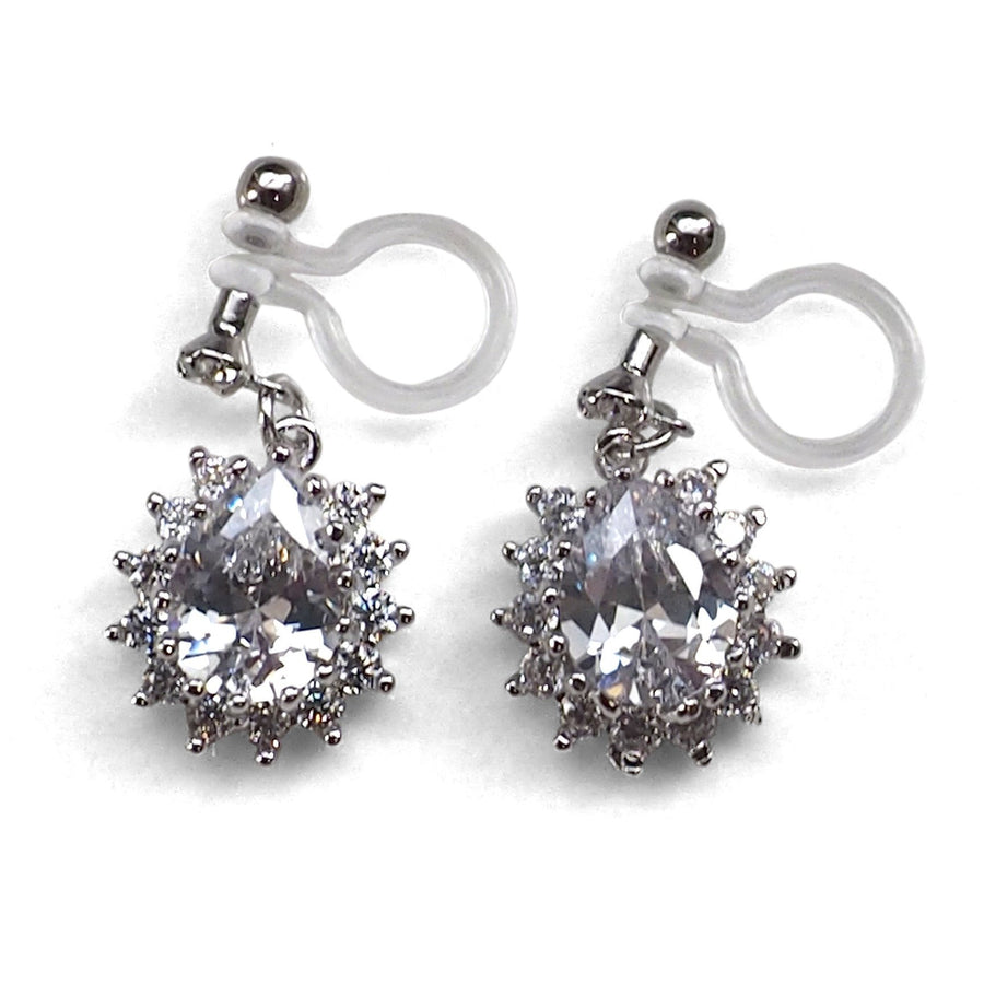 Bridal teardrop cubic zirconia invisible clip on earrings (silver tone) - miyabigracejewelry.com