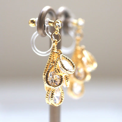 BRIDAL FOUR TEARDROP CUBIC ZIRCONIA INVISIBLE CLIP ON EARRINGS ( GOLD TONE ) - miyabigracejewelry.com