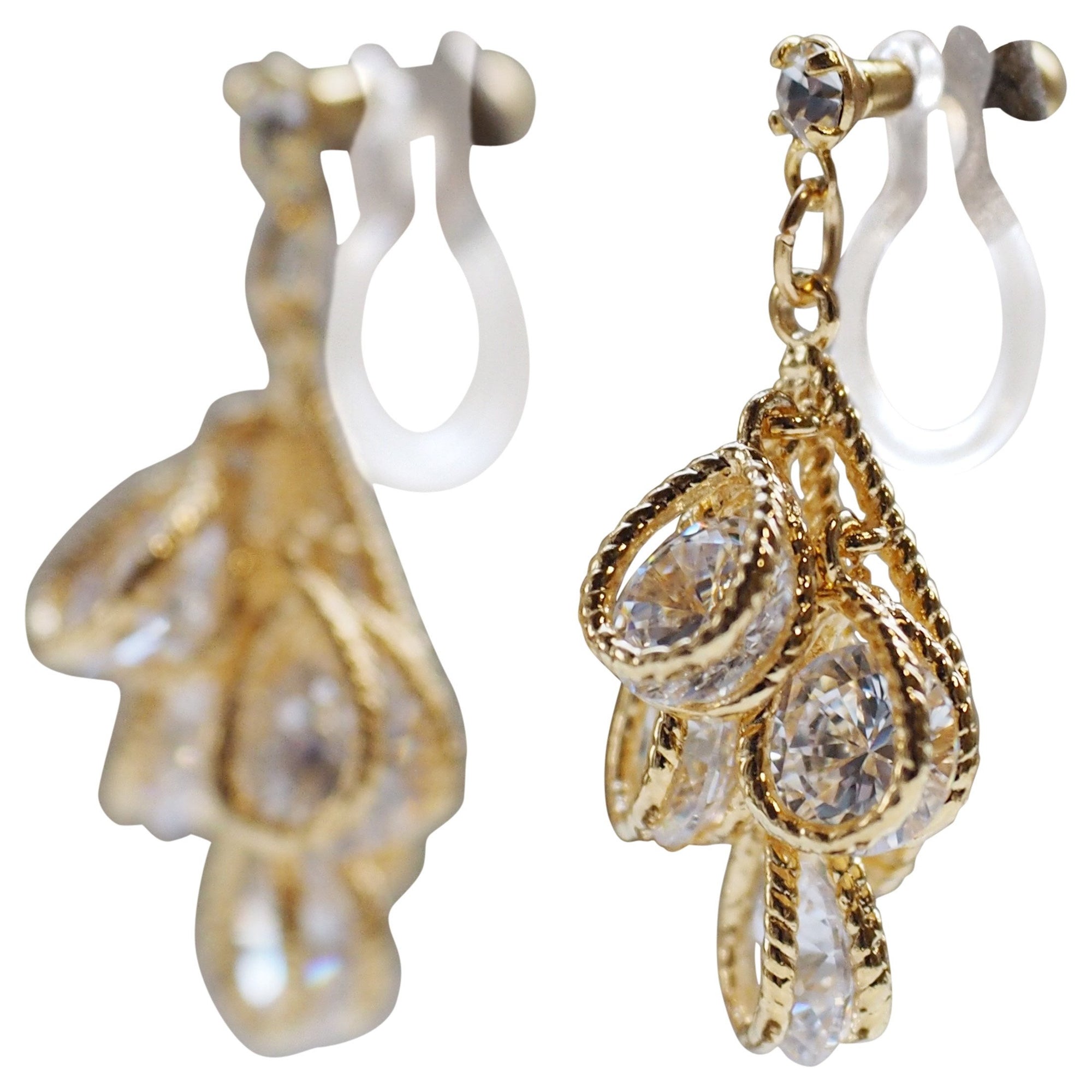 BRIDAL FOUR TEARDROP CUBIC ZIRCONIA INVISIBLE CLIP ON EARRINGS ( GOLD TONE ) - miyabigracejewelry.com