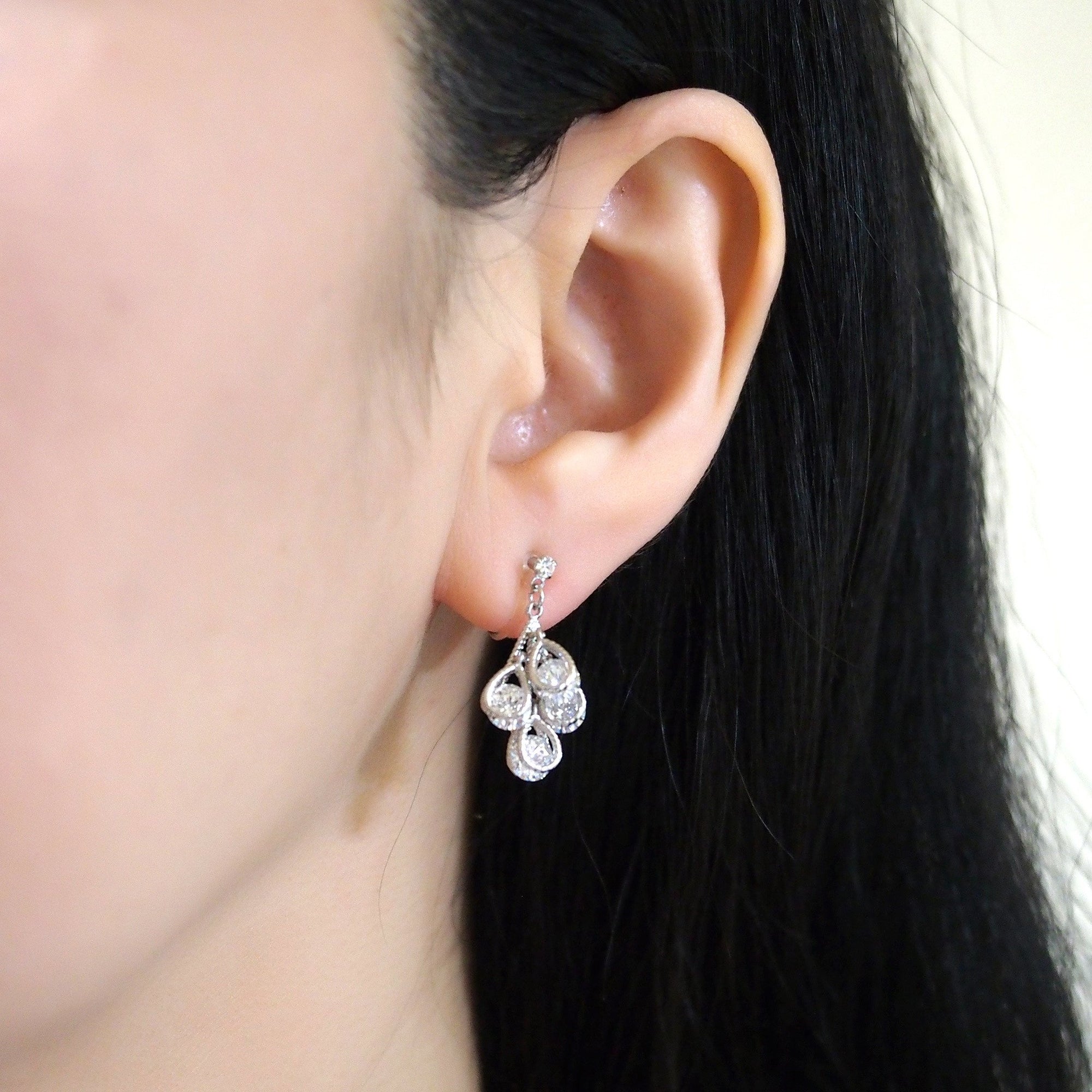 Bridal four teardrop cubic zirconia invisible clip on earrings ( silver tone ) - miyabigracejewelry.com