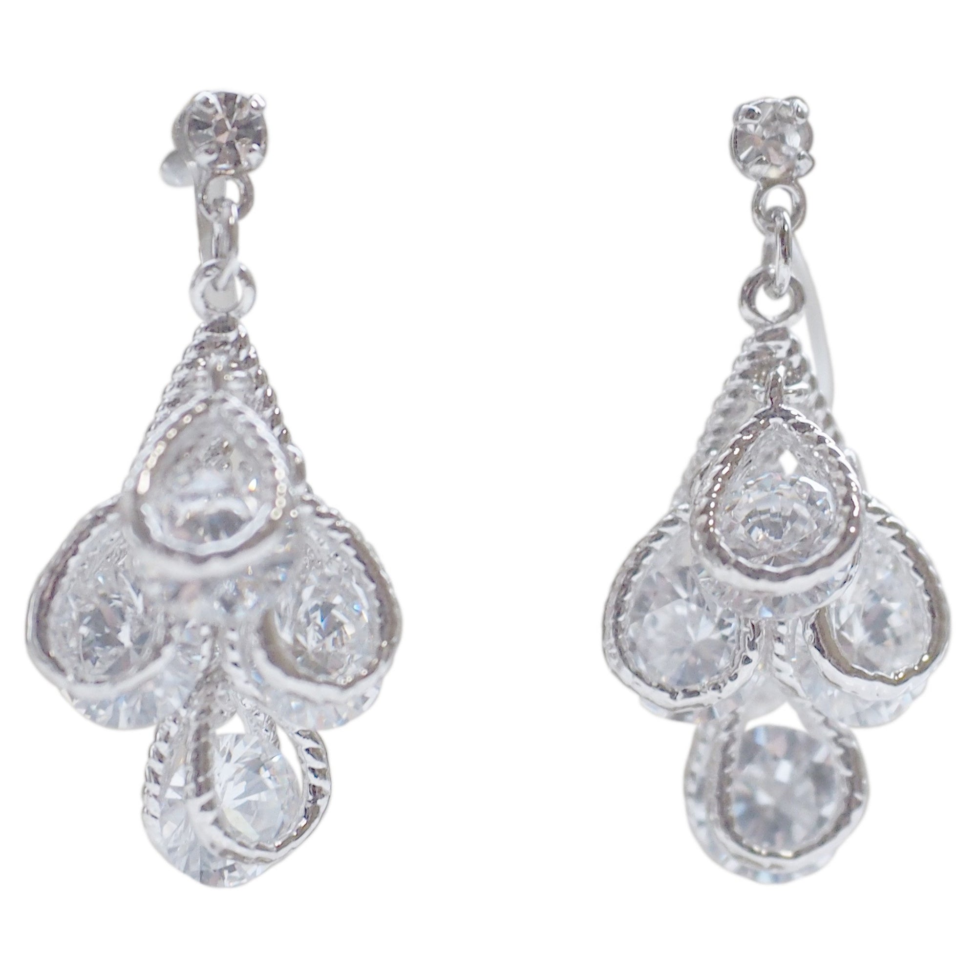 Bridal four teardrop cubic zirconia invisible clip on earrings ( silver tone ) - miyabigracejewelry.com