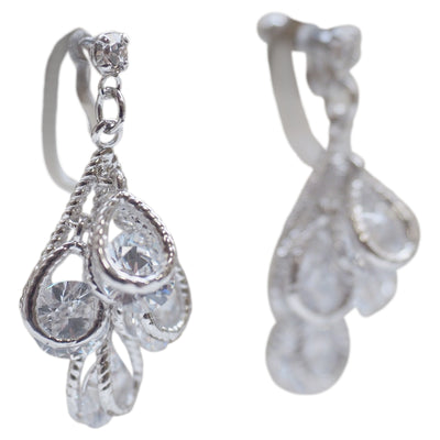 Bridal four teardrop cubic zirconia invisible clip on earrings ( silver tone ) - miyabigracejewelry.com