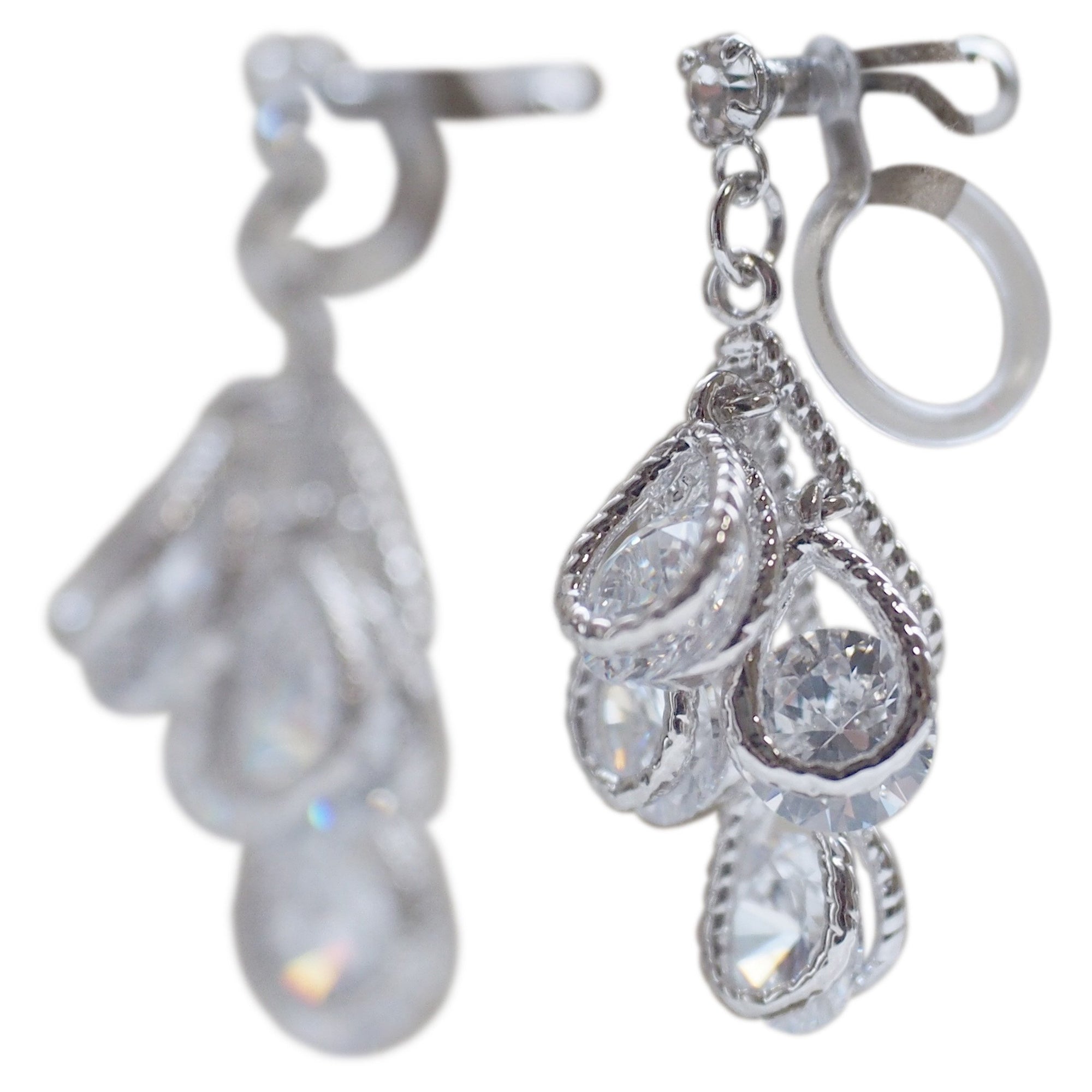 Bridal four teardrop cubic zirconia invisible clip on earrings ( silver tone ) - miyabigracejewelry.com