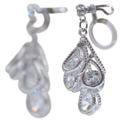 Bridal four teardrop cubic zirconia invisible clip on earrings ( silver tone ) - miyabigracejewelry.com