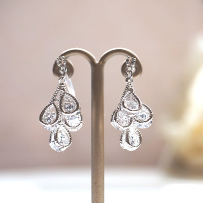 Bridal four teardrop cubic zirconia invisible clip on earrings ( silver tone ) - miyabigracejewelry.com