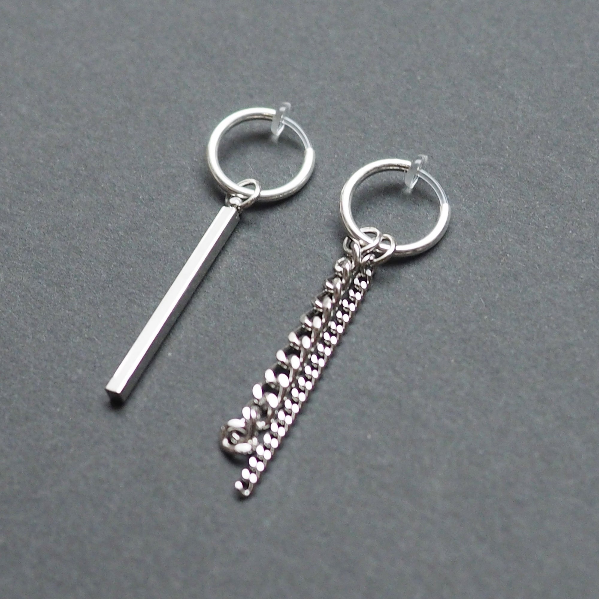 Silver Chain & Bar Invisible Clip On Hoop Earrings - Miyabi Grace